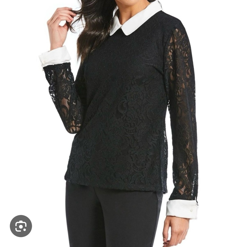 NWT Black Lace Blouse with white collar size M